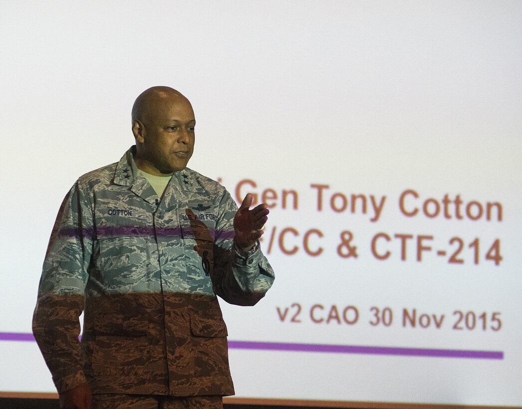 Maj. Gen. Tony Cotton, 20th Air Force and Combined Task Force 214 commander,  talks to 90th Missile Wing and 20th AF Headquarters Airmen during a commander's call in the F.E. Warren Air Force Base, Wyo., base theater Dec. 9, 2015. Cotton recently visited several of the wings of the 20th AF, which he assumed command of on Nov. 16. (U.S. Air Force photo by R.J. Oriez)