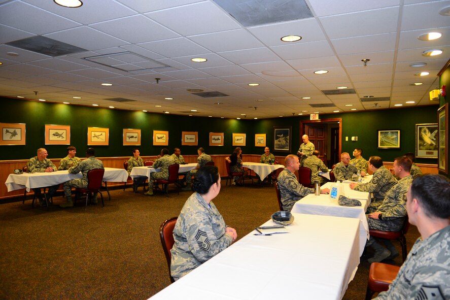 Chief master sergeants hold a speed mentoring session for senior NCOs at Barksdale Air Force Base, La., Dec. 11, 2015. More than 15 SNCOs attended the mentoring session to seek guidance from those with more experience. (U.S. Air Force photo/Senior Airman Benjamin Raughton)