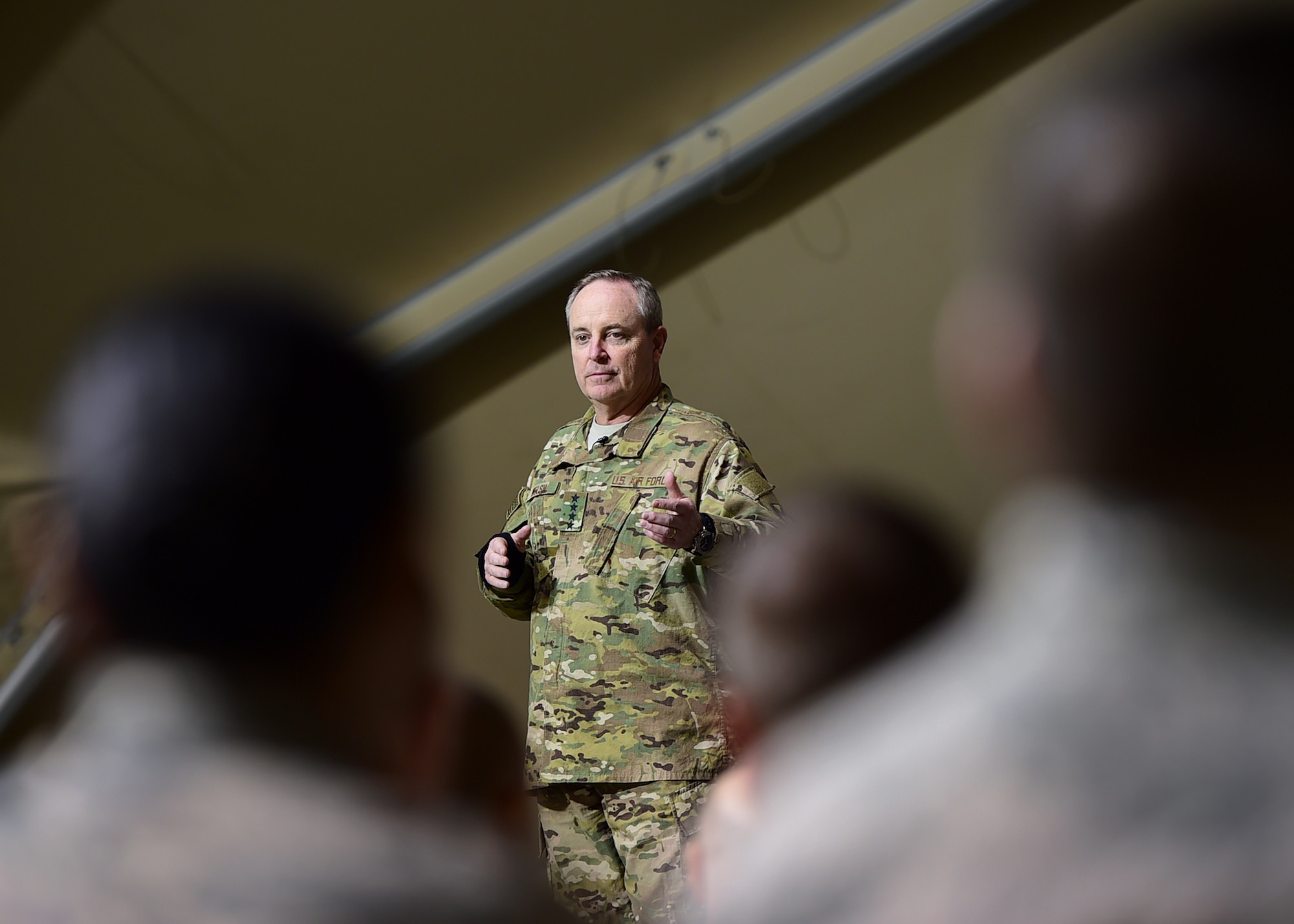 Air Force Chief of Staff Gen. Mark A Welsh III speaks to Airmen currently deployed to the 332nd Air Expeditionary Wing at an undisclosed location in Southwest Asia, Dec. 10, 2015. Welsh and Chief Master Sgt. of the Air Force James A. Cody visited the base to express their gratitude and thanks for the Airmen’s hard work, dedication and sacrifices made in support of Operation INHERENT RESOLVE. (U.S. Air Force photo by Staff Sgt. Jerilyn Quintanilla) 