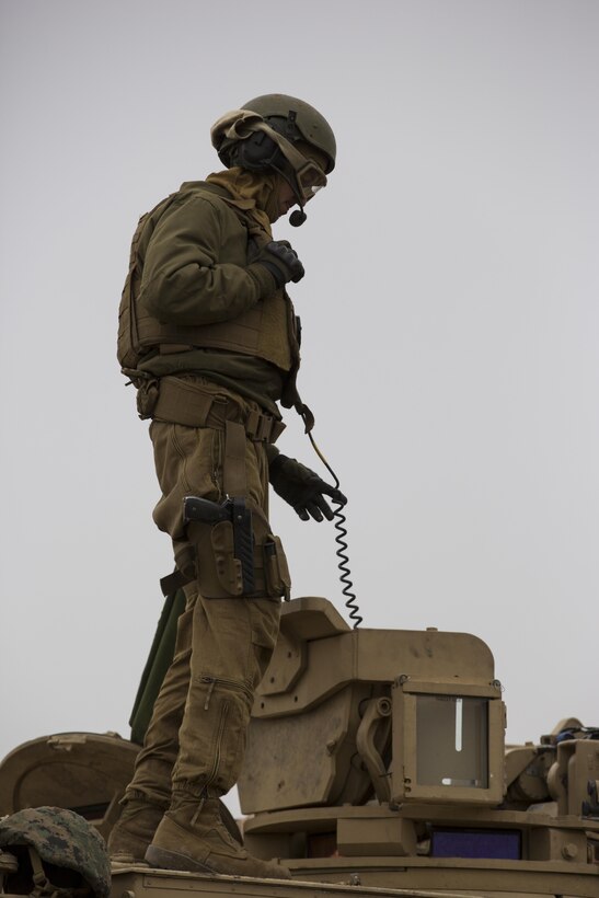 U.S. Marines with Combined Arms Company, Black Sea Rotational Force, conduct a tank shoot rehearsal during Platinum Lynx 16-2 at Smardan Training Area, Romania, Dec. 9, 2015. Exercise Platinum Lynx 16-2 is a NATO-led multinational exercise designed to strengthen combat readiness, increase improve collective capabilities, and maintain proven relationships with allied and partner nations. (U.S. Marine Corps photo by Lance Cpl. Melanye E. Martinez/Released)