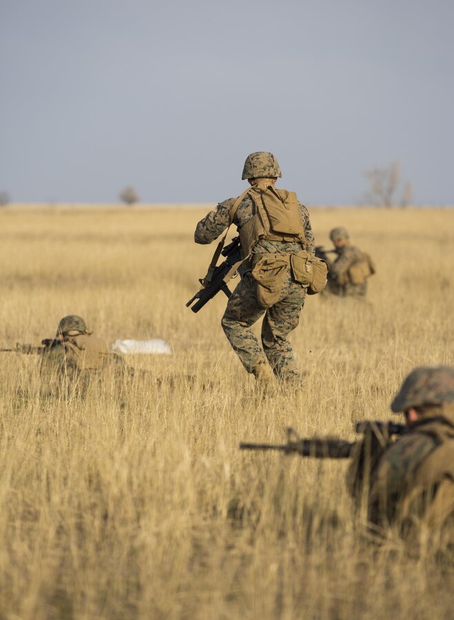 U.S. Marines with Combined Arms Company, Black Sea Rotational Force, conduct field training with Romanian and Moldovan armed forces during Platinum Lynx 16-2 at Smardan Training Area, Romania, Dec. 9, 2015. Exercise Platinum Lynx 16-2 is a NATO-led multinational exercise designed to strengthen combat readiness, increase improve collective capabilities, and maintain proven relationships with allied and partner nations. (U.S. Marine Corps photo by Lance Cpl. Melanye E. Martinez/Released)