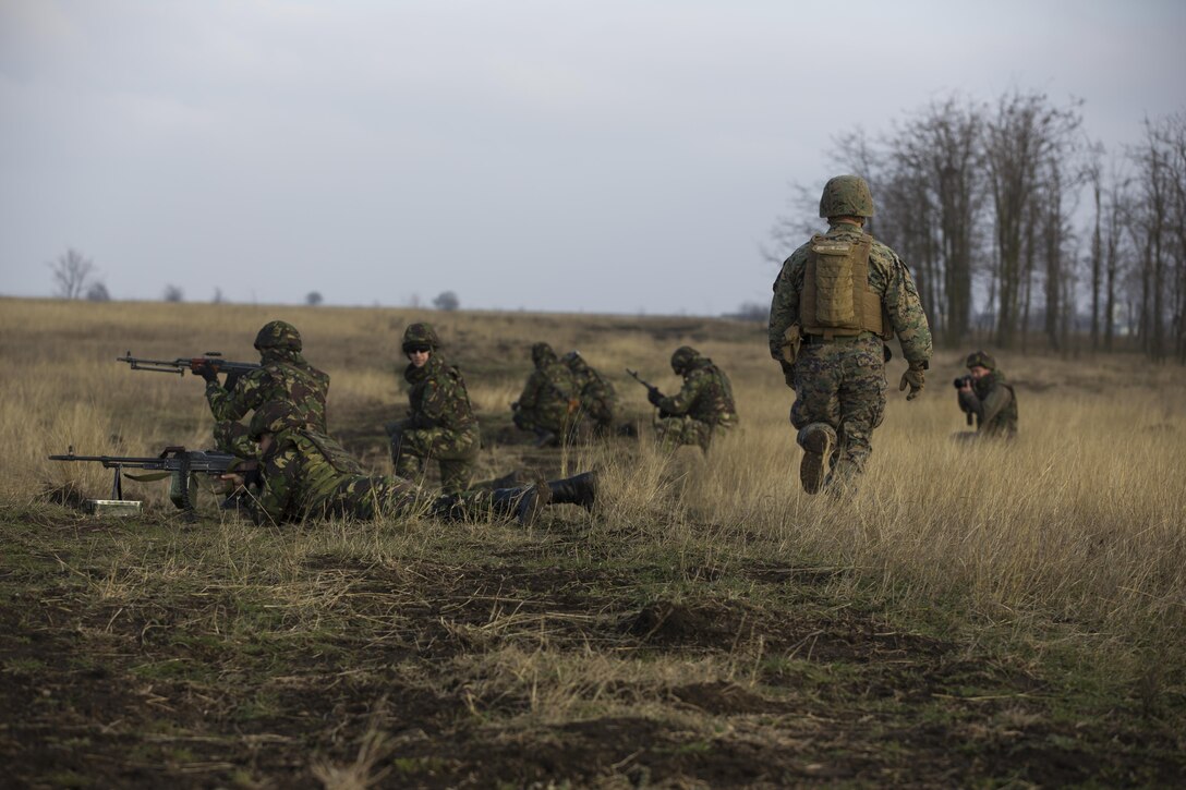 U.S. Marines with Combined Arms Company, Black Sea Rotational Force, conduct field training with Romanian and Moldovan armed forces during Platinum Lynx 16-2 at Smardan Training Area, Romania, Dec. 9, 2015. Exercise Platinum Lynx 16-2 is a NATO-led multinational exercise designed to strengthen combat readiness, increase improve collective capabilities, and maintain proven relationships with allied and partner nations. (U.S. Marine Corps photo by Lance Cpl. Melanye E. Martinez/Released)