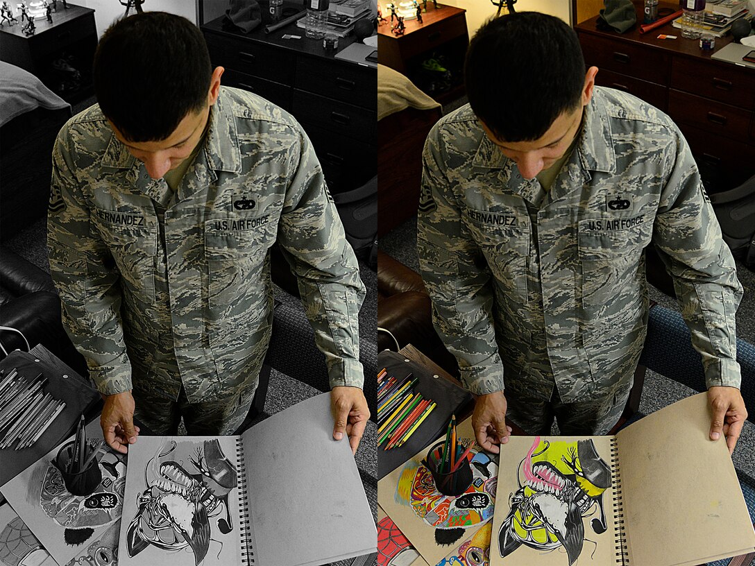 Air Force Tech. Sgt. Juan Hernandez, 731st Air Mobility Squadron air terminal operations center senior information controller, looks through his sketch book on Osan Air Base, South Korea, Dec. 3, 2015. Hernandez learned early on that he could not see many colors on the electromagnetic spectrum, but he still became a self-taught artist. U.S. Air Force photo illustration by Senior Airman Kristin High