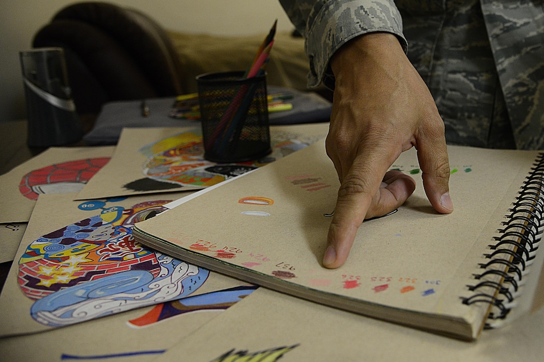 Air Force Tech. Sgt. Juan Hernandez, 731st Air Mobility Squadron air terminal operations center senior information controller, describes the color identification system he uses to compensate for his colorblindness on Osan Air Base, South Korea, Dec. 3, 2015. “I would have to ask people, if I was drawing a comic book character, what colors to use for each area,” he said. U.S. Air Force photo by Senior Airman Kristin High