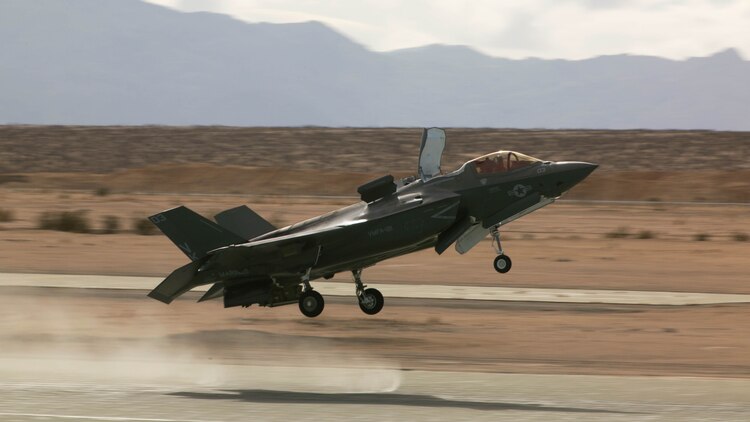 An F-35B Lightning II Joint Strike Fighter, Marine Fighter Attack Squadron 121, 3rd Marine Aircraft Wing, performs a conventional take-off at the Strategic Expeditionary Landing Field during Exercise Steel Knight 2016 at Marine Corps Air Ground Combat Center Twentynine Palms, California, Dec. 11, 2015. This year’s iteration of Exercise Steel Knight works to advance 1st Marine Division’s warfighting capabilities, to include interoperability between the ground and air forces and integration of the F-35B. 