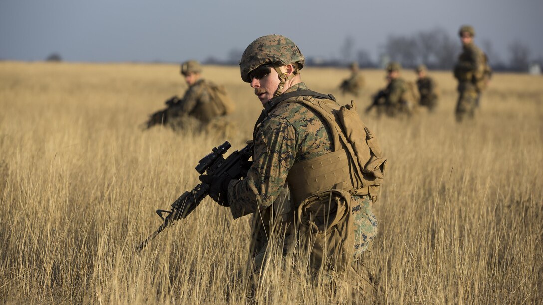 U.S. Marines with Combined Arms Company, Black Sea Rotational Force, conduct field training with Romanian and Moldovan armed forces during Platinum Lynx 16-2 at Smardan Training Area, Romania, Dec. 9, 2015. Exercise Platinum Lynx 16-2 is a NATO-led multinational exercise designed to strengthen combat readiness, increase improve collective capabilities, and maintain proven relationships with allied and partner nations.