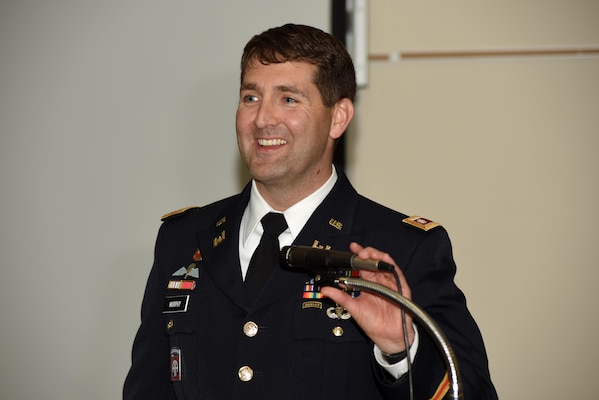 Lt. Col. Stephen Murphy, U.S. Army Corps of Engineers Nashville District commander, gives the keynote address at the Leadership Development Course graduation at the Scarritt Bennett Center in Nashville, Tenn., Dec. 9, 2015.  Twelve students from the Nashville District completed the year-long leadership course.
