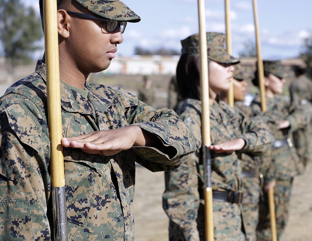 Students of Corporal's Course class 308-16 at Camp Pendleton practice drill as part of their curriculum. The students are scheduled to graduate Friday with the hopes using their new leadership skills to mold the future of the Marine Corps. 