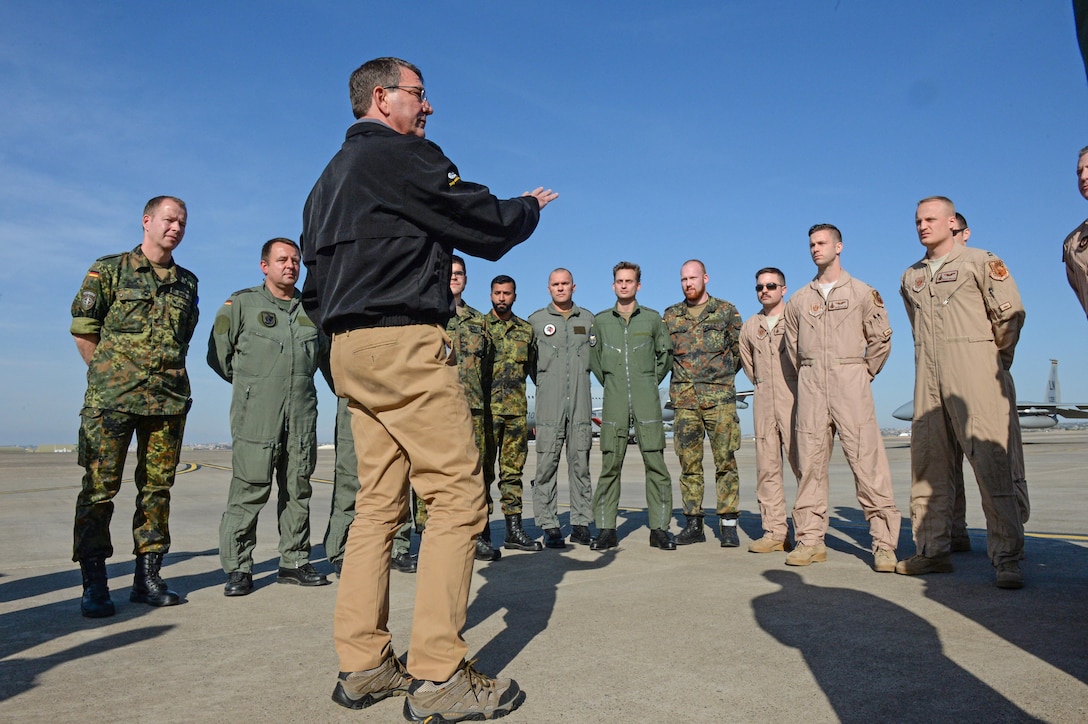 U.S. Defense Secretary Ash Carter speaks with coalition troops on Incirlik Air Base, Turkey, Dec.15, 2015. Carter, who discussed the push to accelerate the campaign against the Islamic State of Iraq and the Levant, or ISIL, is on a weeklong trip to the Middle East. DoD photo by Army Sgt. 1st Class Clydell Kinchen