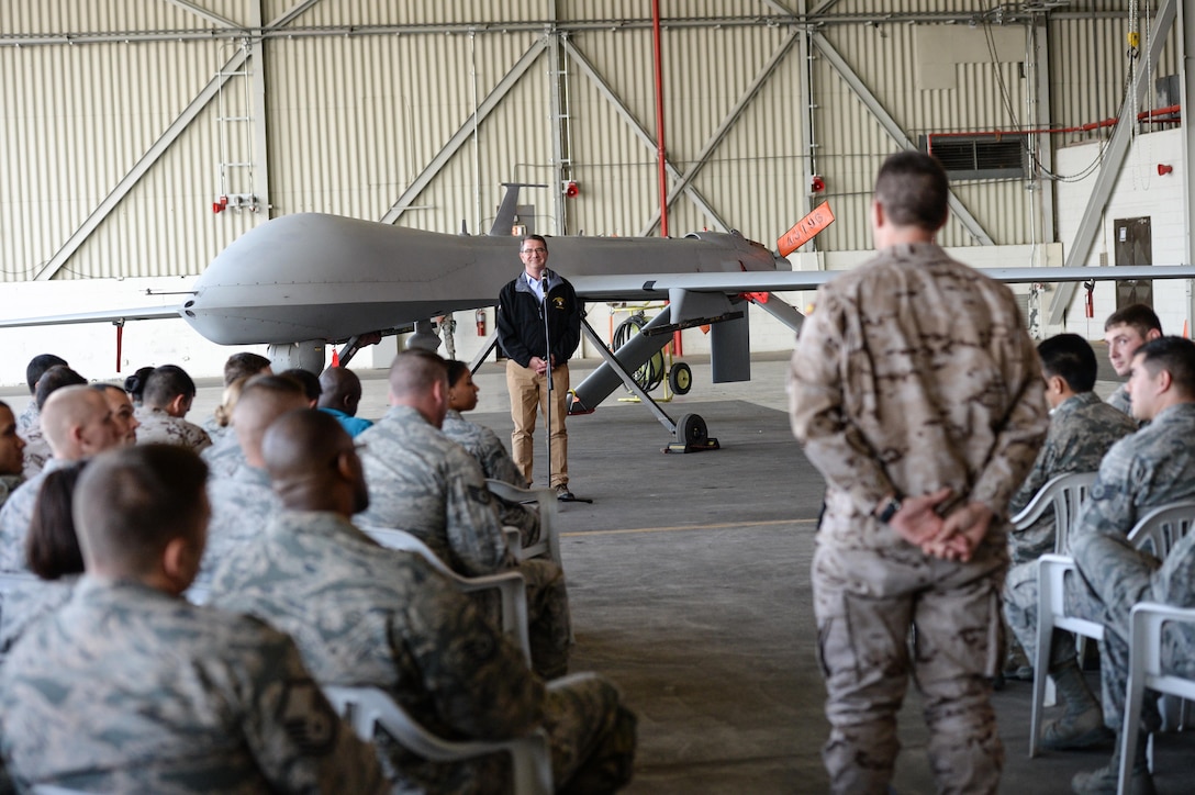 U.S. Defense Secretary Ash Carter answers questions from U.S. and coalition troops on Incirlik Air Base, Turkey, Dec. 15, 2015. DoD photo by Army Sgt. 1st Class Clydell Kinchen