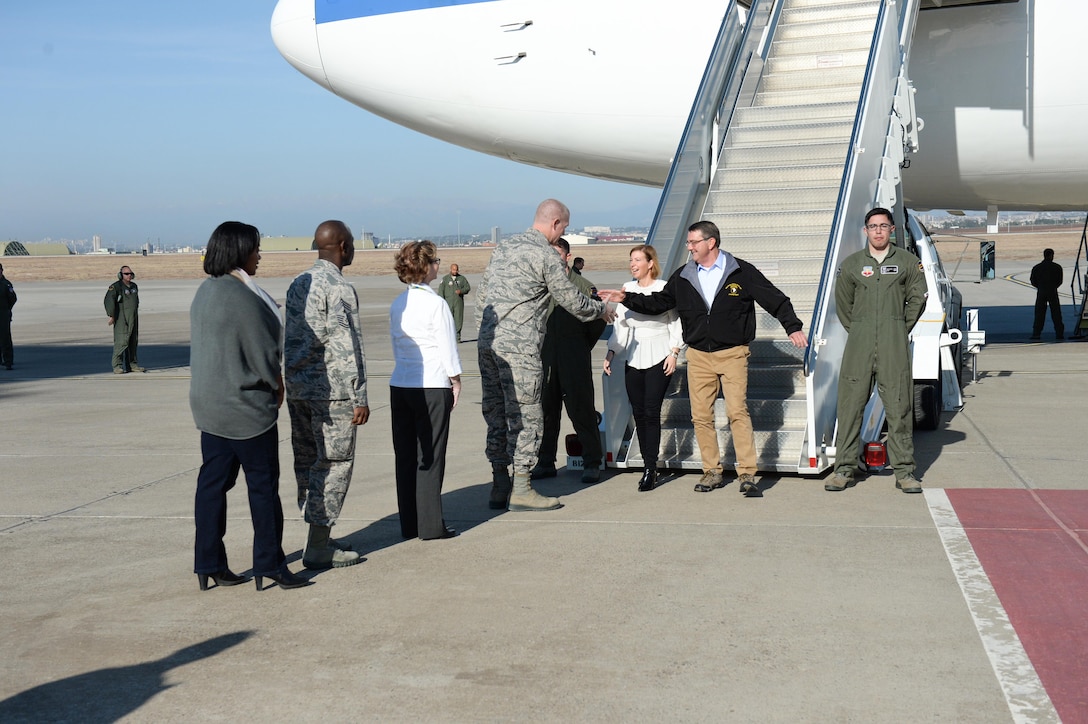 U.S. Defense Secretary Ash Carter and his wife, Stephanie, arrive on Incirlik Air Base, Turkey, Dec.15, 2015. Carter, who discussed the push to accelerate the campaign against the Islamic State of Iraq and the Levant, or ISIL, is on a weeklong trip to the Middle East. DoD photo by Army Sgt. 1st Class Clydell Kinchen