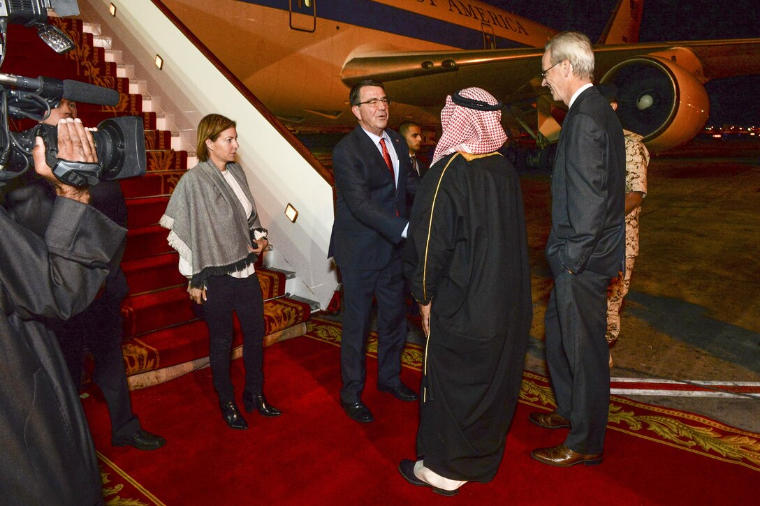 U.S. Defense Secretary Ash Carter and his wife, Stephanie, arrive in Bahrain, Dec.15, 2015. Carter is on a weeklong trip to the Middle East. DoD photo by Army Sgt. 1st Class Clydell Kinchen