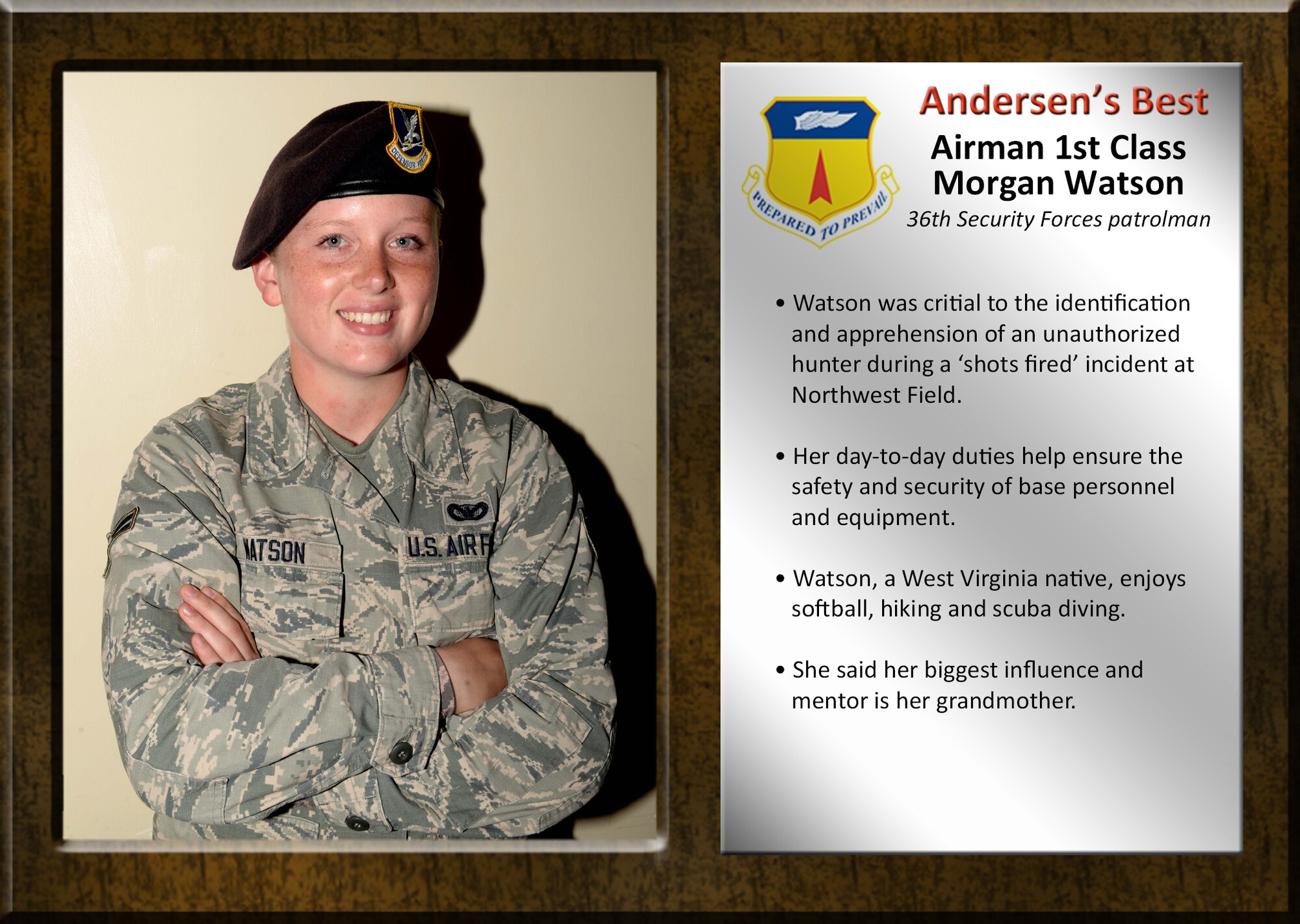 Team Andersen's Best recognizes Airmen and civilian professionals for outstanding contributions to mission and team success. As spotlight performers, individuals are chosen by base leaders for demonstrating the Air Force's core values of integrity first, service before self, and excellence in all we do.
