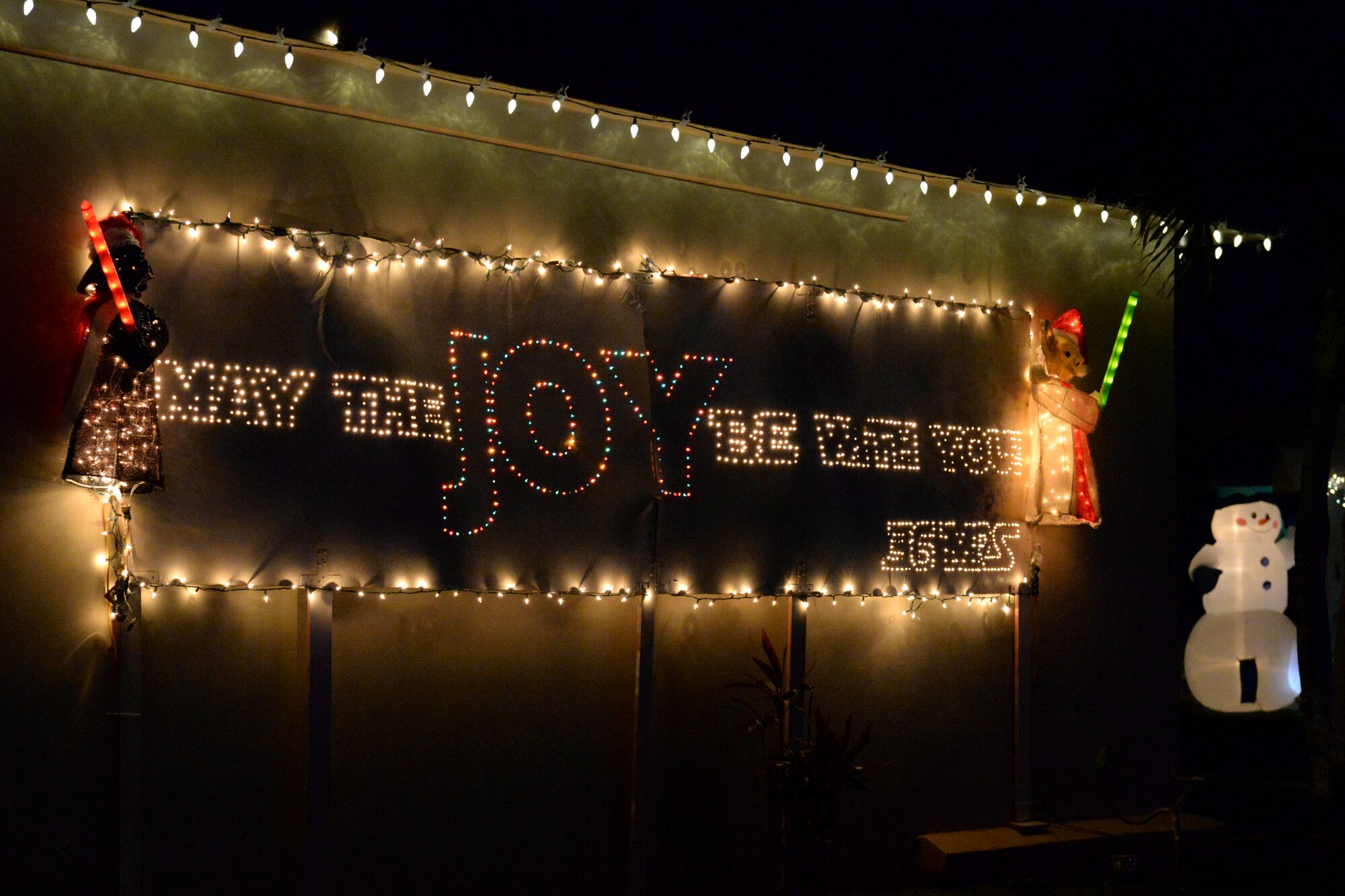 Christmas lights are on display for the families visiting Rota Walk Dec. 12, 2015 during the annual base Rota Walk at Andersen Air Force Base, Guam. Different groups and units decorated houses along the road to bring holiday cheer to the tropical island. (U.S. Air Force photo/Airman 1st Class Jacob Skovo)