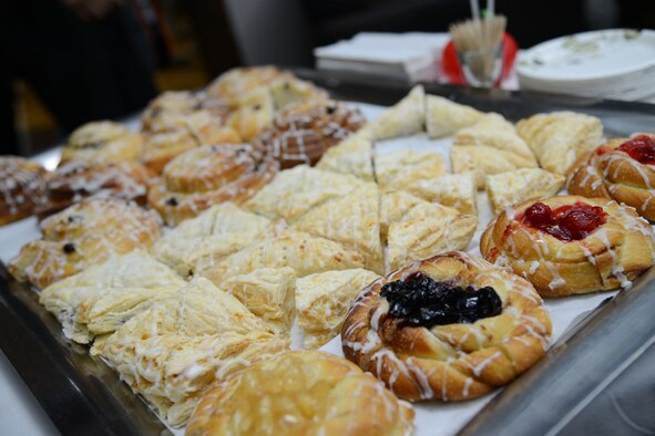 An assortment of pastries rest during the Mustang Café grand opening at Osan Air Base, Republic of Korea, Dec. 15, 2015. Attendees enjoyed free samples of pastries and coffee during the opening. (U.S. Air Force photo/Airman 1st Class Dillian Bamman)