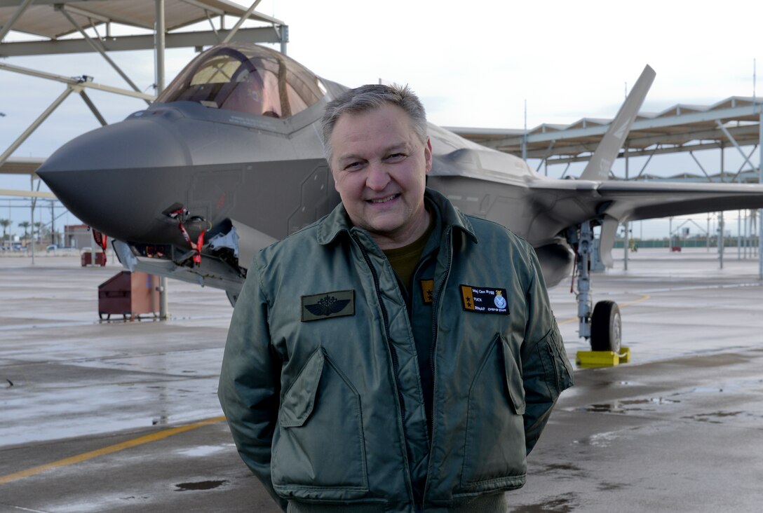 Maj. Gen. Per-Egil Rygg, Royal Norwegian air force chief of staff, poses in front of a Norwegian F-35 before it is flown by Norwegian Maj. Morten Hanche, 62nd Fighter Squadron F-35 student pilot, Dec. 14, 2015, at Luke Air Force Base. This marked the first time a Norwegian F-35 was flown by a Norwegian pilot. (U.S. Air Force photo by Airman 1st Class Ridge Shan)
