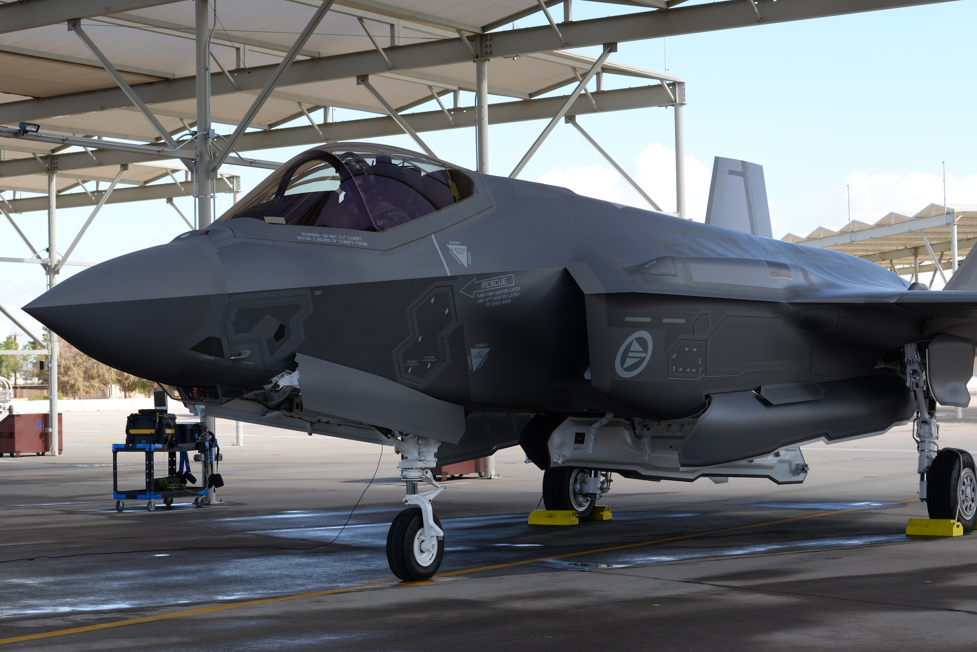 Norwegian Maj. Morten Hanche, 62nd Fighter Squadron F-35 student pilot, prepares to taxi his Norwegian F-35 out onto the runway for takeoff, Dec. 14, 2015, at Luke Air Force Base. This F-35 is one of the first two F-35s that have been produced specifically to meet the needs of the Norwegian Royal Air Force. (U.S. Air Force photo by Airman 1st Class Ridge Shan)