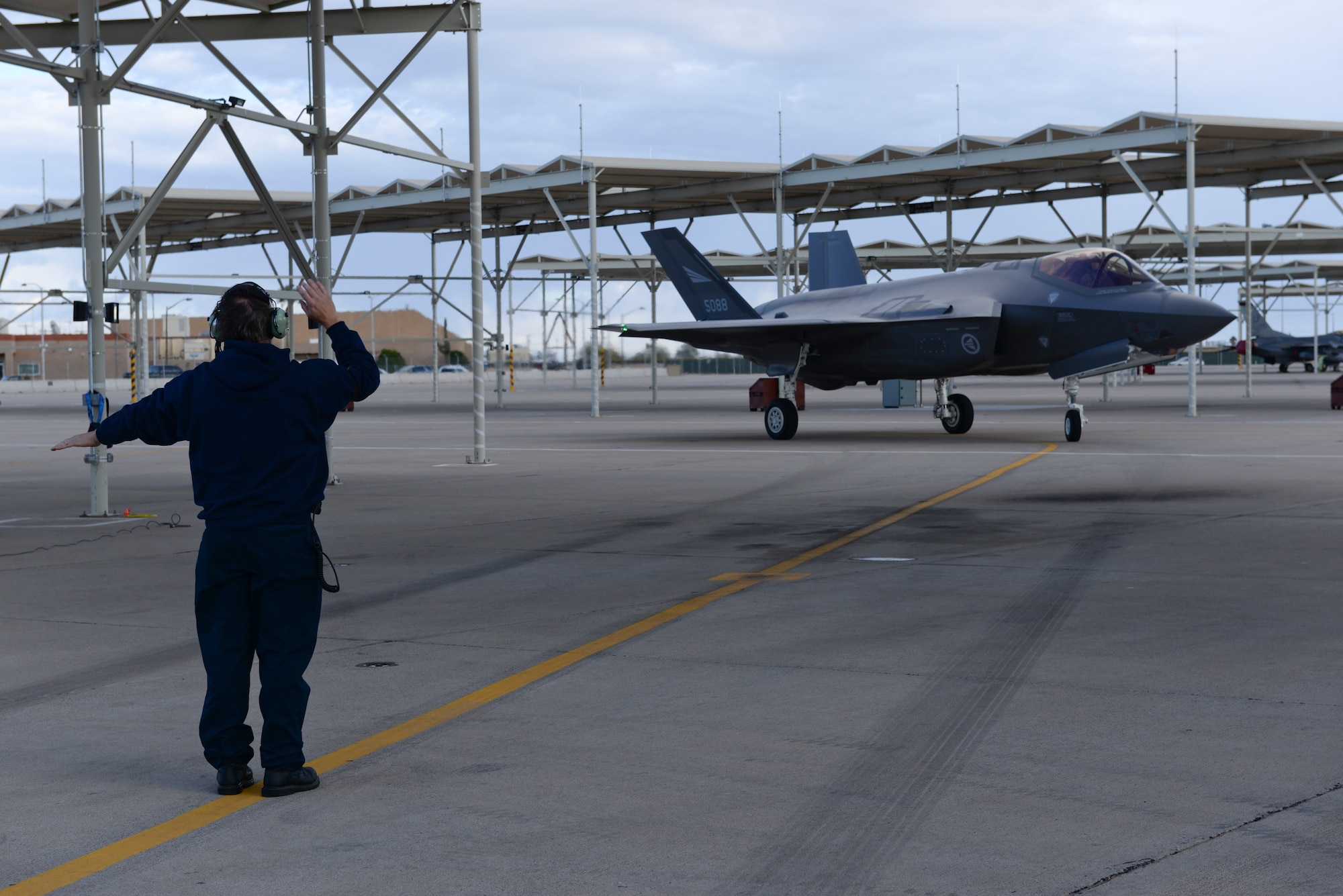The Norwegian F-35 piloted by Norwegian Maj. Morten Hanche, 62nd Fighter Squadron F-35 student pilot, taxis to rest on the flightline after a successful sortie, Dec. 14, 2015, at Luke Air Force Base. Hanche is the first Norwegian to ever fly an F-35, and is now the first Norwegian to have piloted a Norwegian-specific F-35. (U.S. Air Force photo by Airman 1st Class Ridge Shan)