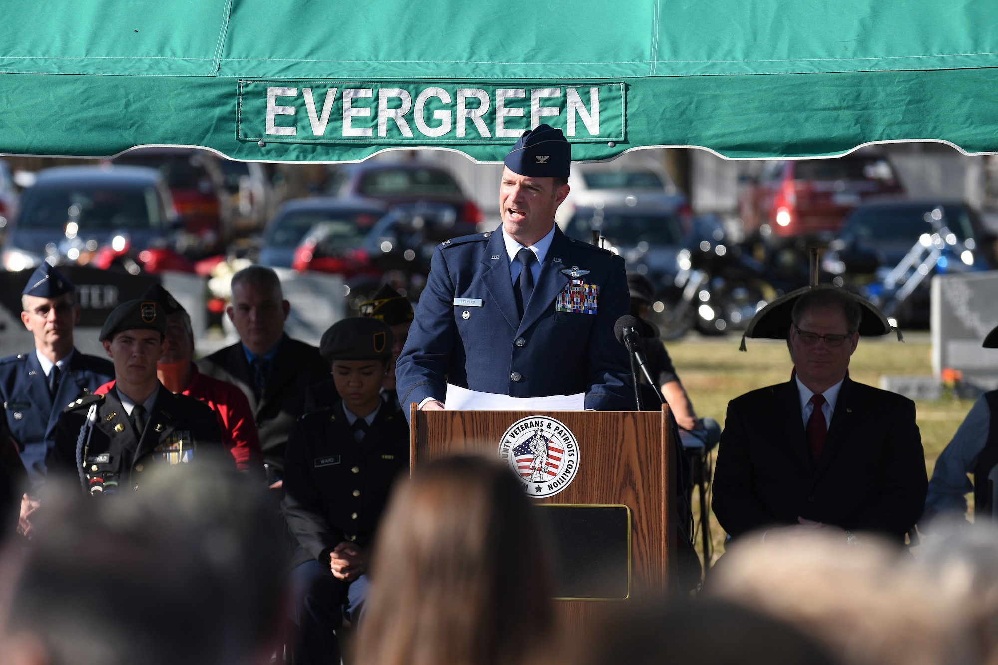 Col. Andrew Bernard, 4th Fighter Wing vice commander, speaks at the Wreaths Across America event, Dec. 12, 2015, at the Evergreen Memorial Cemetery in Princeton, North Carolina. Local community and service members participated in the wreath-laying ceremony to pay respect to service members who have passed away. (U.S. Air Force photo/Senior Airman Aaron J. Jenne)
