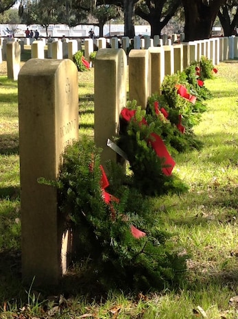 Personnel from NSA Charleston SC and members of the Navy Wives Club of America (NWCA) MENRIV #240 placed holiday wreaths at the headstones in the Beaufort National Cemetery (BNC) on December 12, 2015 honoring fallen service members as part of the WWA world-wide event. BNC was designated a National Cemetery in 1863 and now has interred remains from every major American conflict, including the Spanish-American War, Korean War, Vietnam and the Gulf War.  