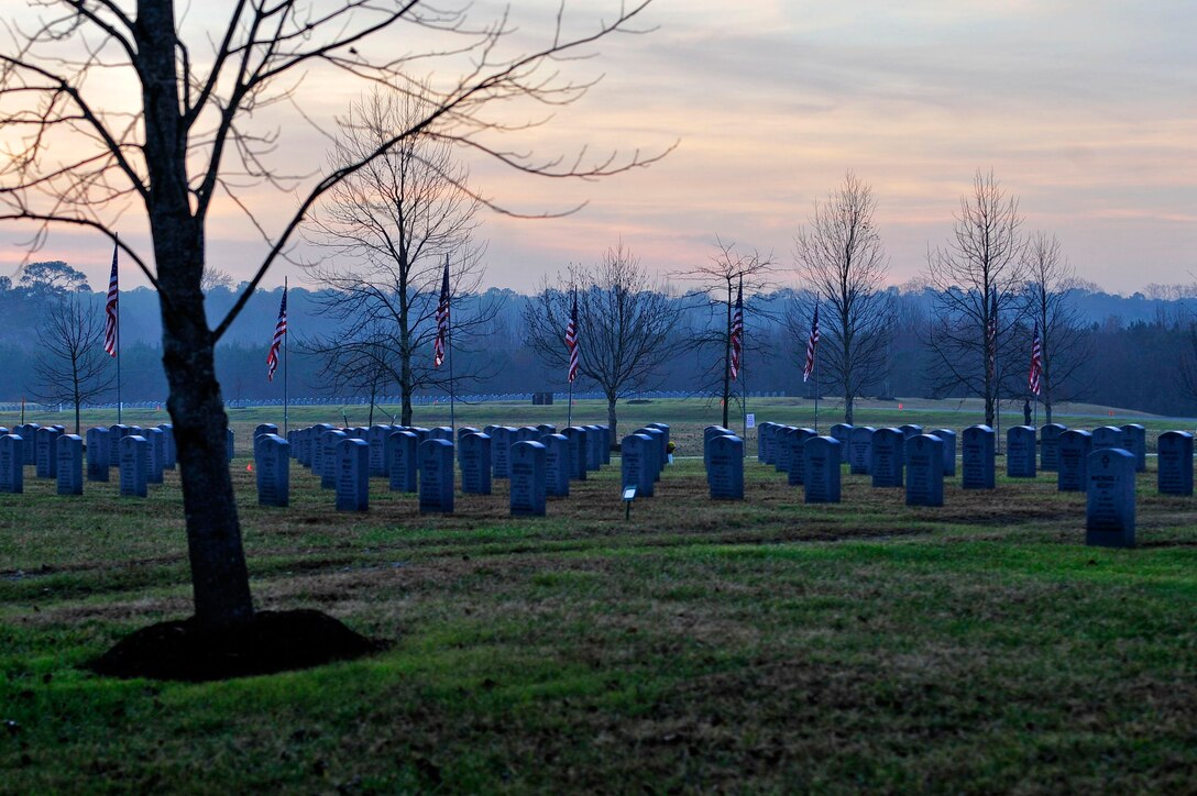 Volunteers from the Hampton Roads area participated in the annual wreath laying ceremony at the Albert G. Horton, Jr., Memorial Veterans Cemetery in Suffolk, Va., Dec. 12, 2015. The Horton Wreath Society provides approximately 7,000 wreaths every year for the ceremony. (U.S. Air Force photo by Senior Airman Breonna Veal)