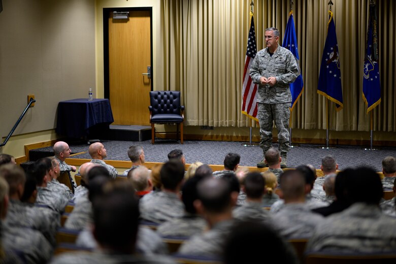 General John Hyten, commander of Air Force Space Command, addresses personnel during a commander’s call Friday, Dec. 11, 2015, at Schriever Air Force Base, Colorado.  Hyten discussed his priorities for space personnel.   (U.S. Air Force photo/Christopher DeWitt)