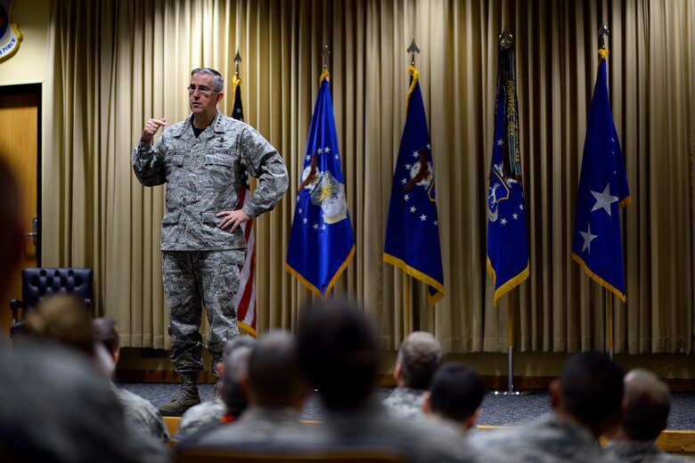 General John Hyten, commander of Air Force Space Command, addresses personnel during a commander’s call Friday, Dec. 11, 2015, at Schriever Air Force Base, Colorado.  Hyten discussed his priorities for space personnel.  (U.S. Air Force photo/Christopher DeWitt)