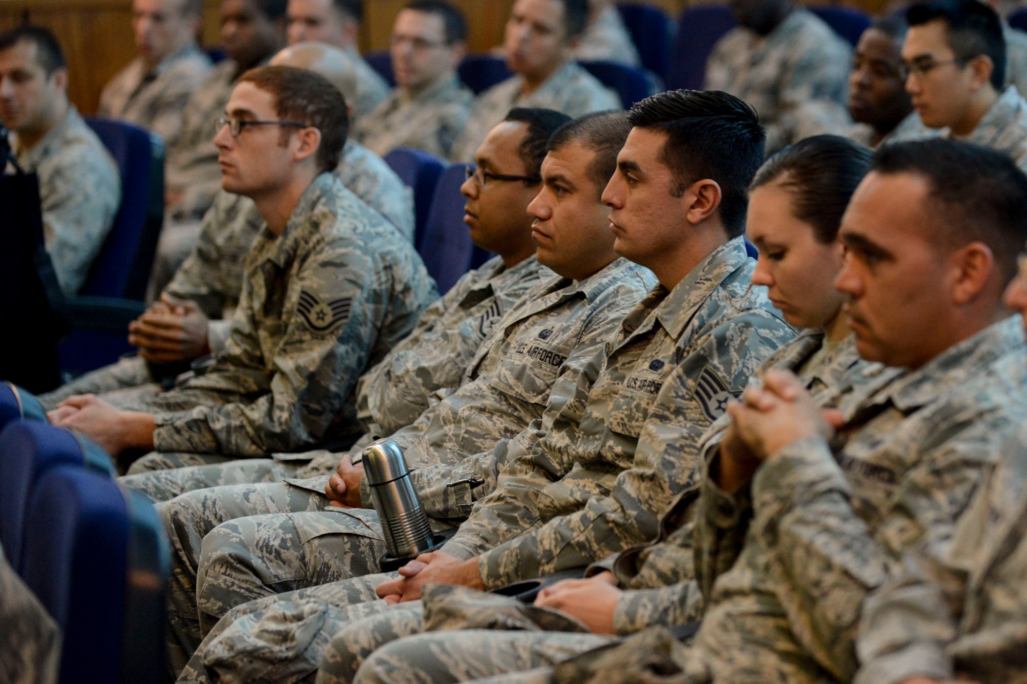 Airmen from the 496th Air Base Squadron at Morón Air Base listen to Air Force Chief of Staff Gen. Mark A. Welsh III and Chief Master Sgt. of the Air Force James A. Cody during an all-call Dec. 8, 2015. Welsh and Cody visited the air base to engage with Airmen by thanking them for their dedication to the mission and personal sacrifices. The leaders also discussed and answered questions about changes to performance reporting systems and how they will affect future promotions. (courtesy photo)
