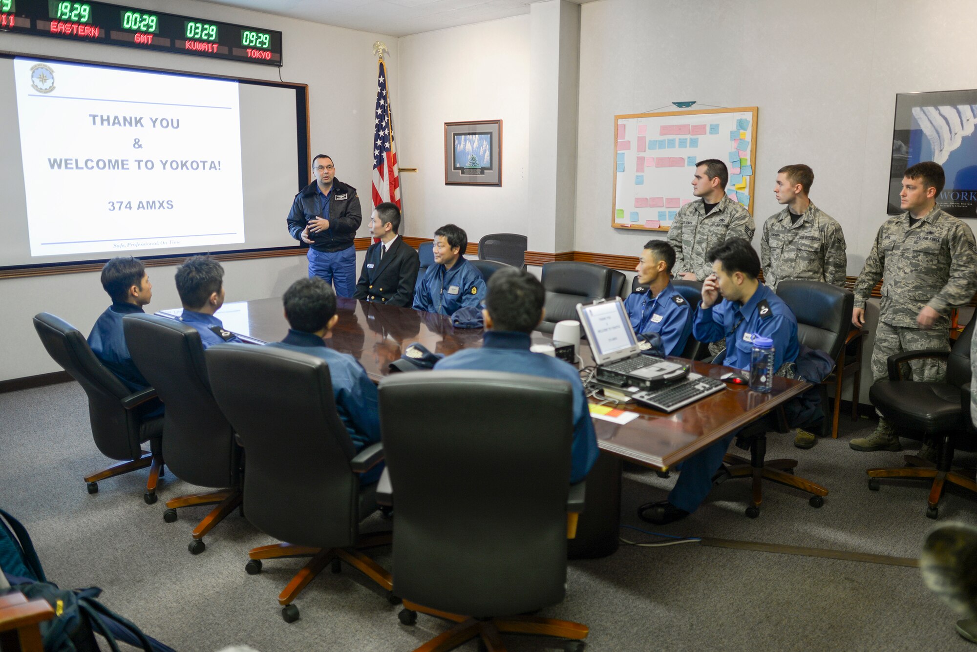 Japan Maritime Self-Defense Force members with the 4 Maintenance Squadron listen
to a welcome briefing at Yokota Air Base, Japan, Dec. 11, 2015. The JMSDF members
visited Yokota to learn about the maintenance conducted by the 374th Maintenance
Squadron. (U.S. Air Force photo by Staff Sgt. Cody H. Ramirez/Released)