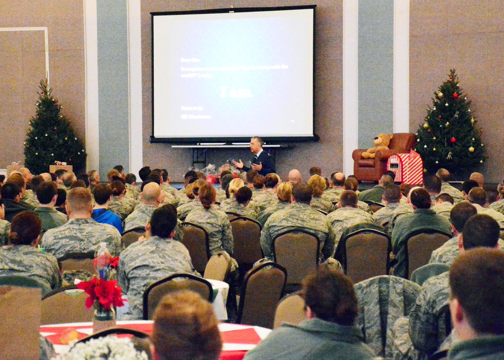 Individual Mobility Augmentee to the Director of the Profession of Arms Center of Excellence (PACE), Col. Richard Tatem, speaks to 120th Airlift Wing Airmen during the Wingman Day event held at the Mansfield Convention Center in Great Falls, Mont., on Dec. 5, 2015. (U.S. Air National Guard photo by Senior Master Sgt. Eric Peterson/Released)