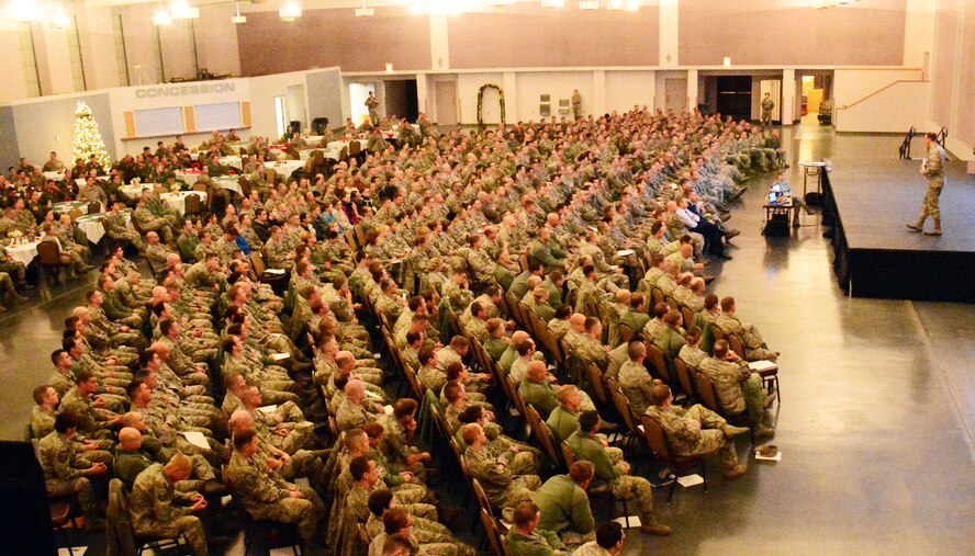 120th Airlift Wing Commander Col. Lee Smith speaks to Airmen assembled for Wingman Day held at the Mansfield Convention Center in Great Falls, Mont., Dec. 5, 2015. (U.S. Air National Guard photo by Senior Master Sgt. Eric Peterson/Released)