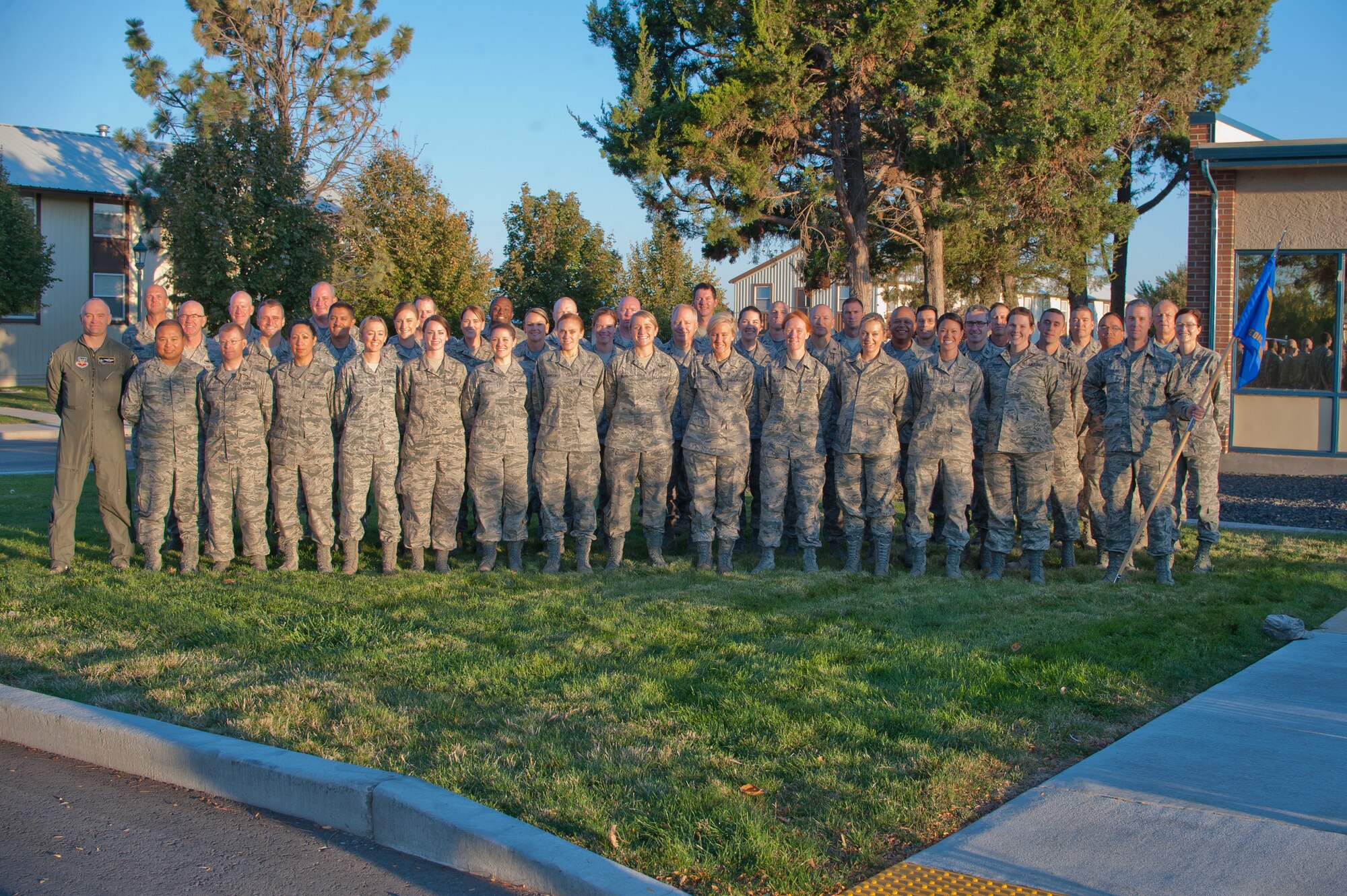 The 124th Medical Group poses for a group photo in front of the clinic Oct. 4, 2015 at Gowen Field, Boise, Idaho. (U.S. Air National Guard photo by Tech. Sgt. Sarah Pokorney/Released)