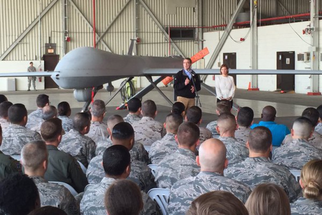 U.S. Defense Secretary Ash Carter and his wife, Stephanie, meet with coalition troops on Incirlik Air Base, Turkey, Dec. 15, 2015. The secretary spoke about the push to accelerate the campaign against the Islamic State of Iraq and the Levant, or ISIL. Carter is on a weeklong trip to the Middle East. DoD photo