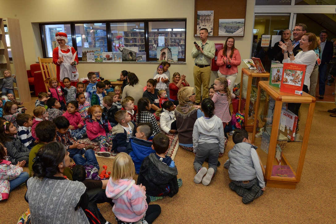 U.S. Defense Secretary Ash Carter and his wife, Stephanie, speak with children of service members stationed on Incirlik Air Base, Turkey, Dec.15, 2015. Carter is on a weeklong trip to the Middle East in part to thank troops for their service and sacrifice, especially during the holidays. DoD photo by Army Sgt. 1st Class Clydell Kinchen