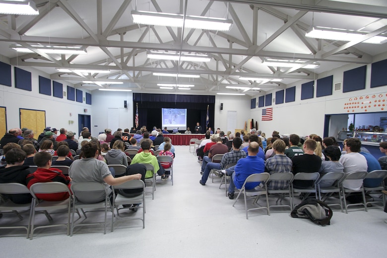 TANGIER, Va. -- Residents gather in the town’s combined school here to listen to a panel of engineers, scientist and leadership from the Norfolk District give status updates on projects the district is working on around the island on December 4. The community of a little more than 700 people, located in the middle of the Chesapeake Bay, is experiencing erosion, sea-level rise and subsidence. (U.S. Army photo/Patrick Bloodgood)