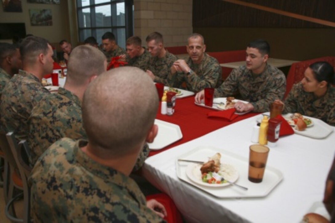 United States Marine Corps Lieutenant General Michael G. Dana, the deputy commandant for Marine Corps Installations and Logistics, sits down with Sergeants from 1st Marine Logistics Group to discuss the future of the Marine Corps on Camp Pendleton, Calif., Dec. 10, 2015.