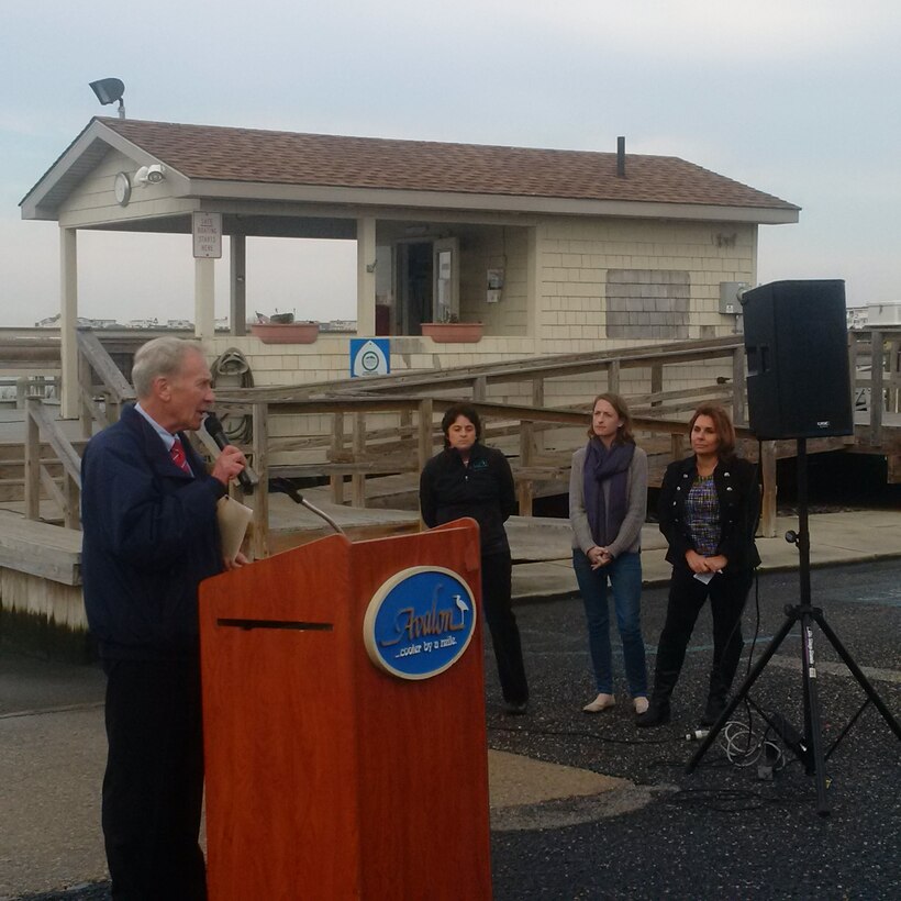 Avalon Mayor Martin Pagliughi spoke about the importance of partnership between federal, state, and local governments during an event celebrating the beginning of a dredging and marsh restoration project. USACE, in partnership with the state of New Jersey and several non-profit organizations, is dredging shoals from the federal channel of the New Jersey Intracoastal Waterway and using the material to restore degraded marsh owned by the state. Work began in November of 2015 and is expect to be completed by February of 2016. 