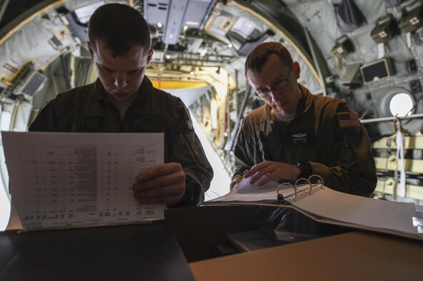 Staff Sgts. Johnny Hooker Jr. and Derek Watson, special missions aviators with the 1st Special Operations Group Detachment 2, look through an inventory checklist for an MC-130J Commando II at Lockheed Martin in Marietta, Ga., Dec. 11, 2015. The MC-130J will undergo modifications to become an AC-130J Ghostrider, which will provide the 1 SOW with close air support and air interdiction capabilities. (U.S. Air Force photo by Senior Airman Ryan Conroy)