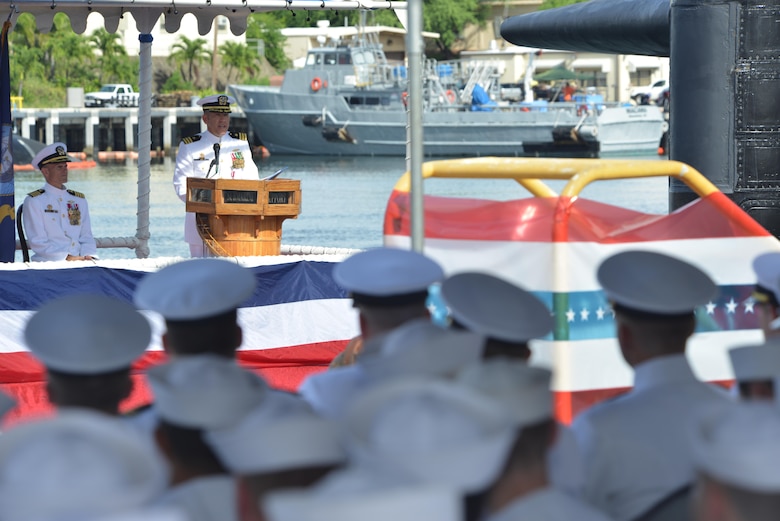 PEARL HARBOR, Hawaii - (Nov. 25, 2015) - Commander Matthew Boland address his crew for the last time as commanding officer of the Los Angeles-class fast attack submarine USS Jacksonville (SSN 699). Boland was relieved by Cmdr. Steven Faulk in a change of command ceremony held at the submarine piers at Joint Base Pearl Harbor-Hickam. (U.S. Navy Photo by Mass Communication Specialist 1st Class Jason Swink/Released)