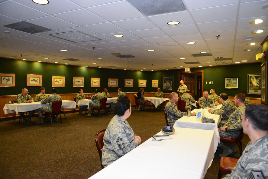 Chief master sergeants hold a speed mentoring session for senior NCOs at Barksdale Air Force Base, La., Dec. 11, 2015. More than 15 SNCOs attended the mentoring session to seek guidance from those with more experience. (U.S. Air Force photo/Senior Airman Benjamin Raughton)