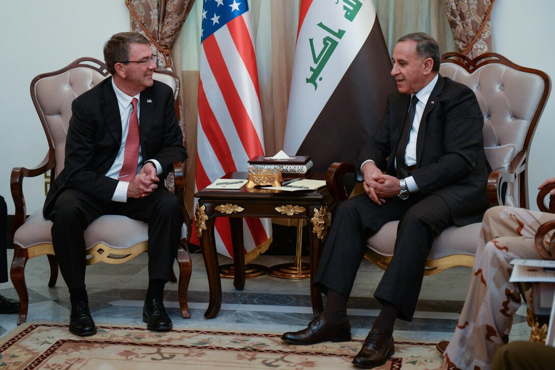 U.S. Defense Secretary Ash Carter, left, meets with Iraqi Defense Minister Khaled al-Obaidi in Baghdad, Dec. 16, 2015. Carter is on a weeklong trip to the Middle East. DoD photo by Army Sgt. 1st Class Clydell Kinchen