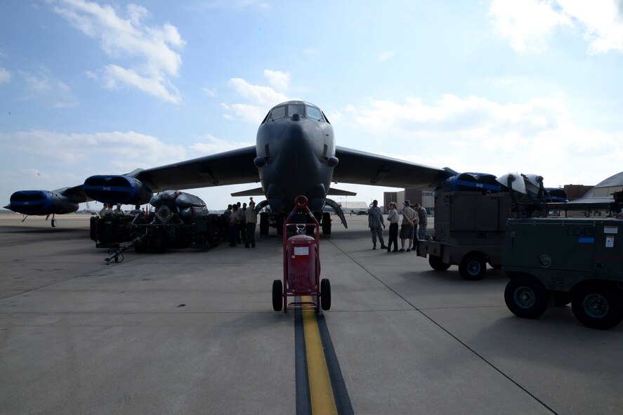 Boy Scout 2150 troops tour a B-52 Stratofortress during Warrior Huddle at Barksdale Air Force Base, La., Dec. 11, 2015. Warrior Huddle grants the opportunity for participants to receive a tour of a B-52 and gain a better understanding of how different Air Force career fields operate together to keep the aircraft in flight. (U.S. Air Force photo/Senior Airman Jannelle Dickey)