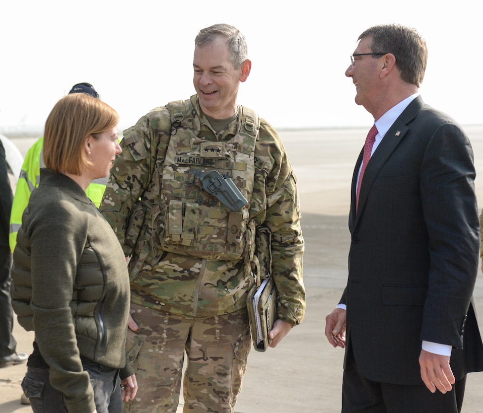 U.S. Army Lt. Gen. Sean MacFarland greets U.S. Defense Secretary Ash Carter and his wife, Stephanie, after they arrive in Baghdad, Dec. 16, 2015. DoD photo by Army Sgt. 1st Class Clydell Kinchen