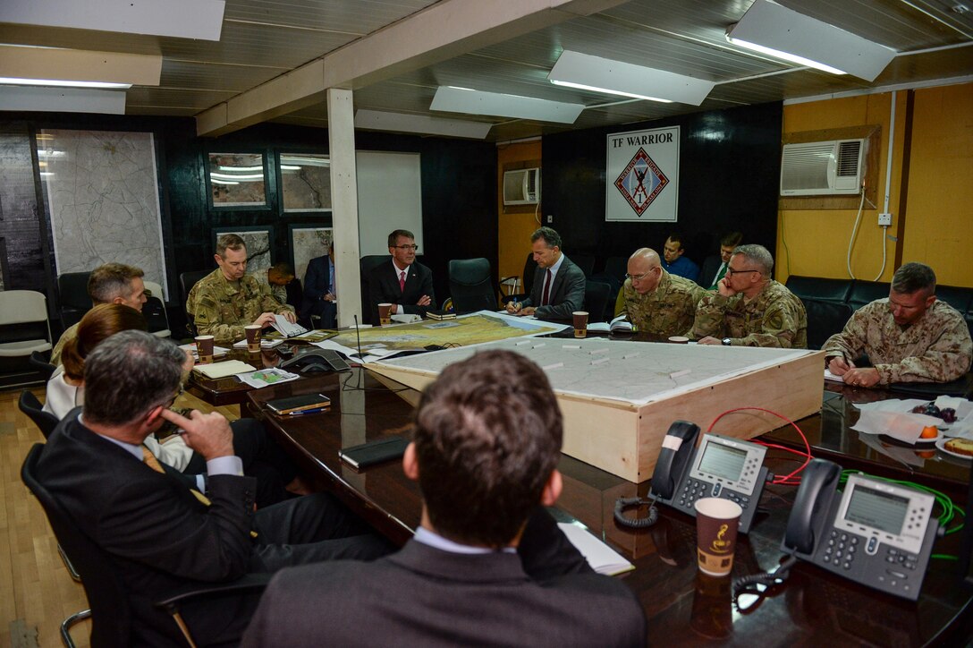 U.S. Defense Secretary Ash Carter and Army Lt. Gen. Sean MacFarland meet with military leaders in Baghdad, Dec. 16, 2015. DoD photo by Army Sgt. 1st Class Clydell Kinchen