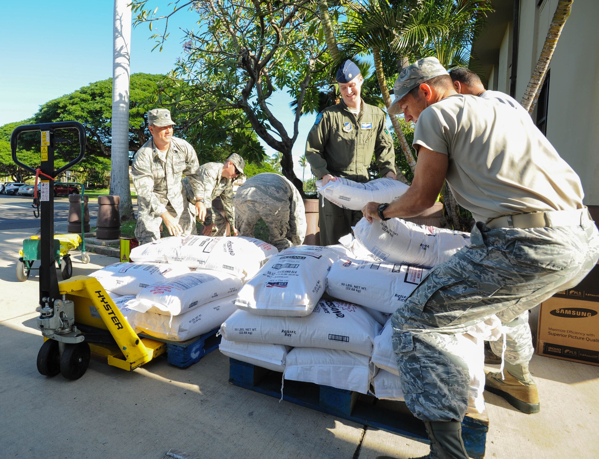Members from Pacific Air Forces A5/8 Directorate of Strategy, Plans and Programs donate food to a local Hawaii food bank, Dec. 15, 2015, Joint Base Pearl Harbor-Hickam, Hawaii. The Airmen collected and donated more than 2,500 pounds of food, to include rice and canned goods. (U.S. Air Force photo by Tech. Sgt. Amanda Dick/Released)