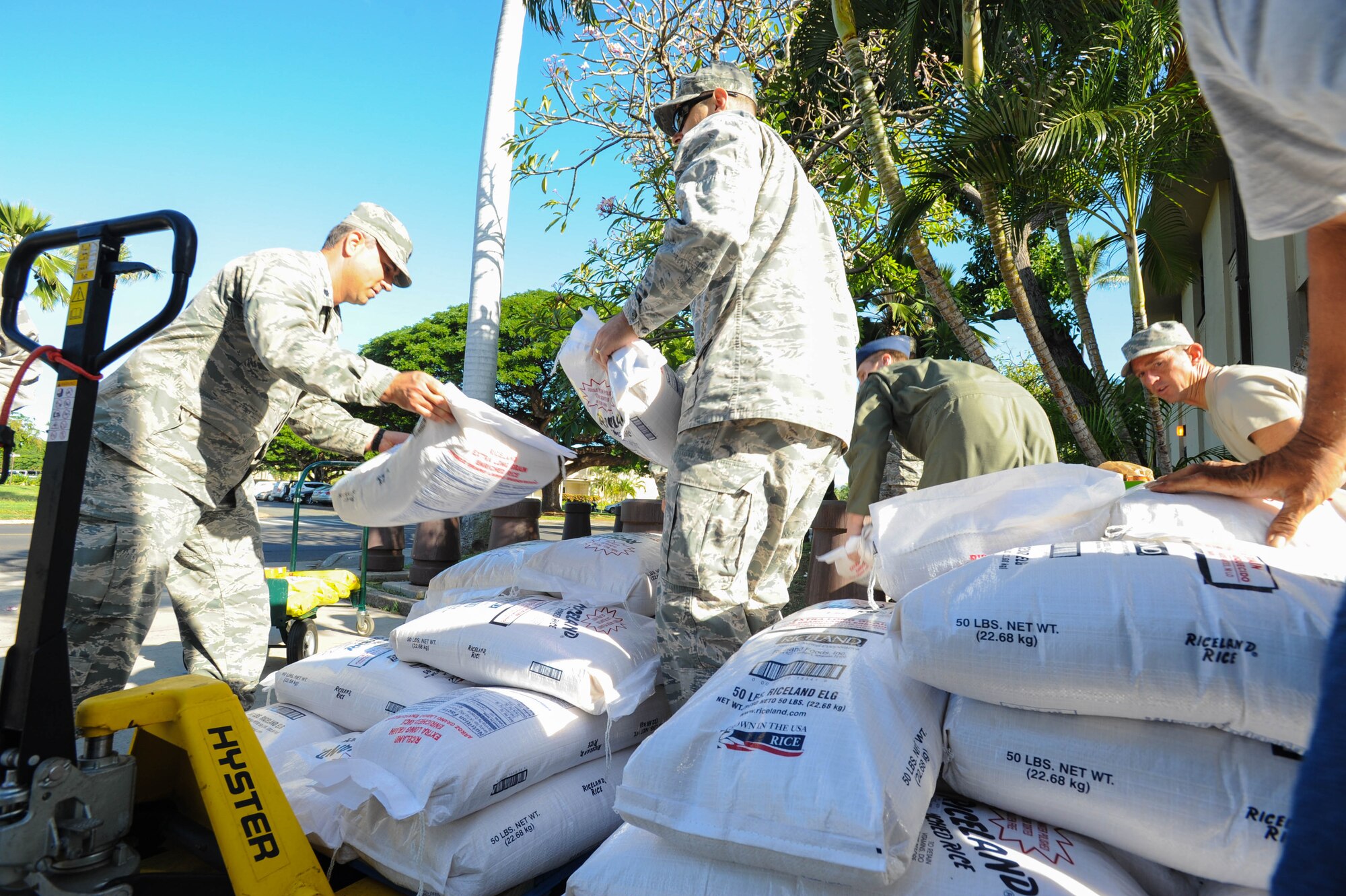 Members from Pacific Air Forces A5/8 Directorate of Strategy, Plans and Programs donate food to a local Hawaii food bank, Dec. 15, 2015, Joint Base Pearl Harbor-Hickam, Hawaii. The Airmen collected and donated more than 2,500 pounds of food, to include rice and canned goods. (U.S. Air Force photo by Tech. Sgt. Amanda Dick/Released)