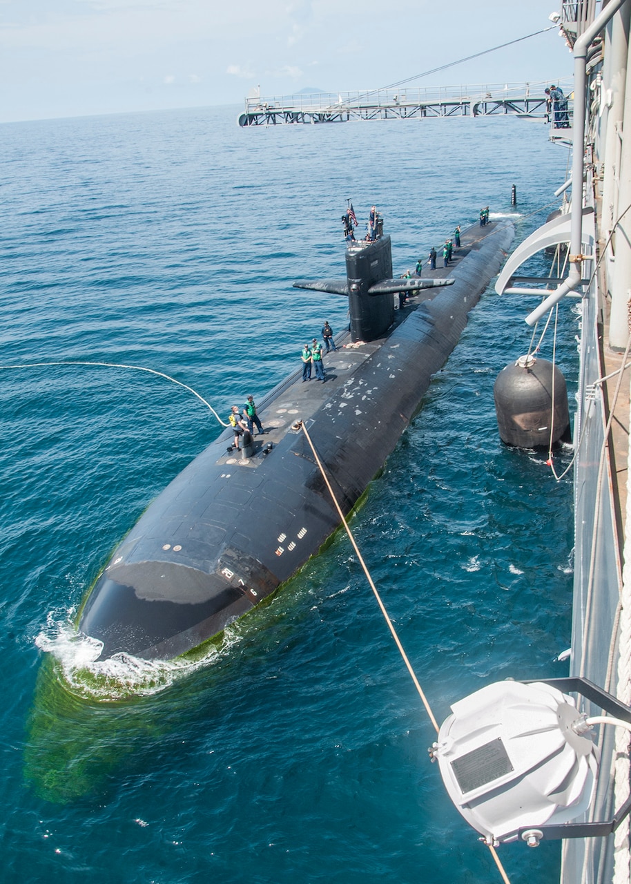 150514-N-YM718-087 
PHUKET, Thailand (May 14, 2015) The submarine tender USS Emory S. Land (AS 39) conducts a tended mooring with the Los Angeles-class attack submarine USS Key West (SSN 722) alongside while anchored outside of Phuket, Thailand as part of Guardian Sea 2015, an annual exercise with the Royal Thai Navy. (U.S. Navy photo by Mass Communication Specialist 2nd Class Caine Storino/Released)
                                                                                                                                                                                                                                                                                                                                                                                                                                        