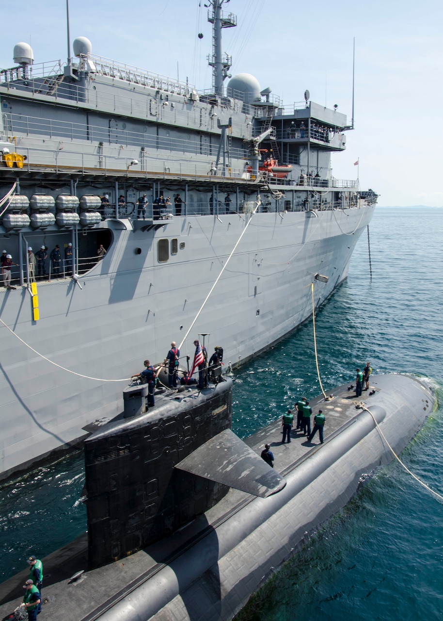 150514-N-ZZ999-134 
PHUKET, Thailand (May 14, 2015) The submarine tender USS Emory S. Land (AS 39) conducts a tended mooring with the Los Angeles-class attack submarine USS Key West (SSN 722) alongside while anchored outside of Phuket, Thailand as part of Guardian Sea 2015, an annual exercise with the Royal Thai Navy. (U.S. Navy photo by Mass Communication Specialist Seaman Apprentice Michael Doan/Released)
                                                                                                                                                                                                                                                                                                                                                                                                                                        