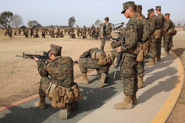 Recruits of Fox Company, 2nd Recruit Training Battalion, practice the different shooting positions during Grass Week at Edson Range, WFTBN, Marine Corps Base Camp Pendleton, Calif., Dec. 9. During Grass Week, recruits are taught the standing, kneeling, sitting and prone firing positions. They spend one week working with their primary marksmanship instructors getting comfortable and increasing their confidence in the different positions. Today, all males recruited from west of the Mississippi are trained at MCRD San Diego. The depot is responsible for training more than 16,000 recruits annually. Fox Company is scheduled to graduate Jan. 29.