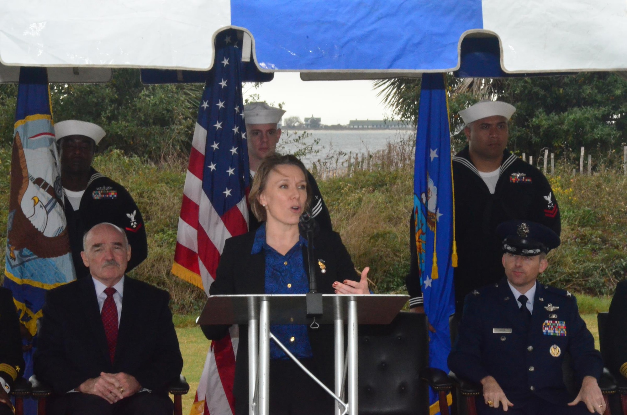 Miranda A.A. Ballentine, the assistant secretary of the Air Force for installations, environment and energy, spoke Dec. 16, 2015, at a groundbreaking ceremony at Naval Air Station Pensacola, Fla., marking the start of construction for three large-scale solar electric generating facilities.  (U.S. Navy photo/Mike O'Connor)